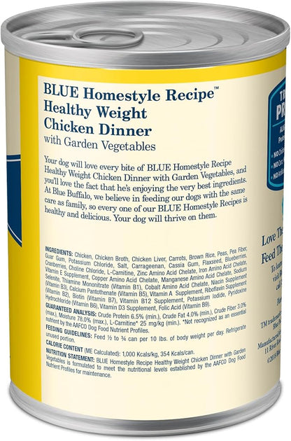 Blue Buffalo Homestyle Recipe Natural Adult Healthy Weight Wet Dog Food, Chicken 12.5-oz can, 12 Count (Pack of 2)