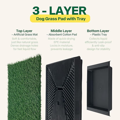 Pawise Dog Grass Pad with Tray, 20x25 Inch Artificial Turf Puppy Potty Pad, Indoor Outdoor Dog Toilet with Pull-Out Drawer & Free Garbage Bags, Dogg Litter Box for Potty Training