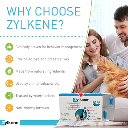 Vetoquinol Zylkene - Calming Oral Support for Medium Dogs & Large Cats - Supports Behavior & Occasional Anxiety - for Boarding, Vet Visits & Celebrations - Non-Drowsy & Lactose-Free - 14 Capsules