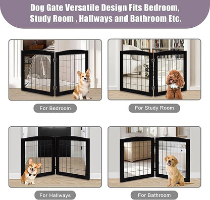 LZRS 2-Panel Freestanding Foldable Wood Dog Gate – Solid Wood & Steel Wire, Chew-Resistant Pet Barrier for Indoor Use, Ideal for Small to Medium Dogs, Black