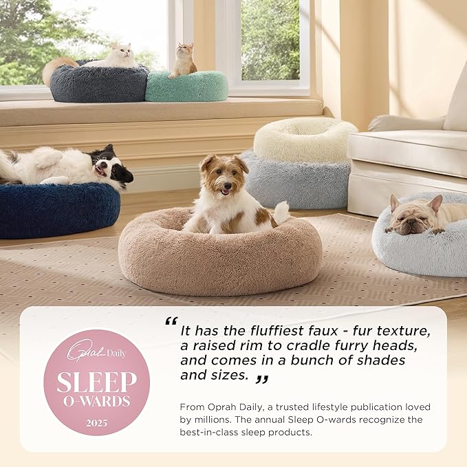Bedsure Calming Dog Beds Large Sized Dog - Donut Washable Large Pet Bed, 36 inches Anti-Slip Round Fluffy Plush Faux Fur Dogs Bed, Fits up to 80 lbs Pets, Rifle Green