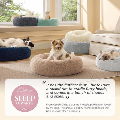Bedsure Calming Dog Bed for Small Dogs - Donut Washable Small Puppy Bed, 23 inches Anti-Slip Round Fluffy Plush Faux Fur Large Cat Bed, Fits up to 25 lbs Pets, Rifle Green