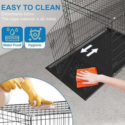 42 Inch Large Dog Crate Dog Kennel Pet Cage Metal Wire Crates Pet Cages Double-Door Folding Kennels with Handle Leak-Proof Pan Tray,Black