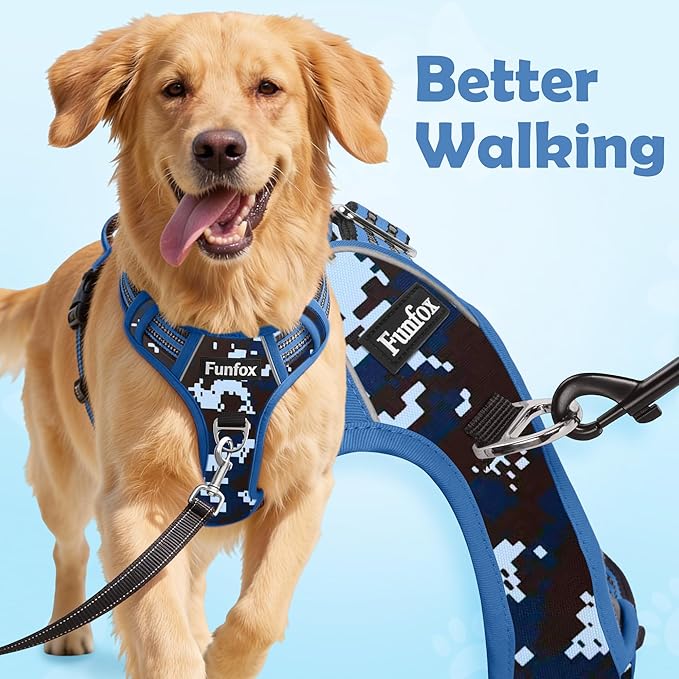 Funfox Dog Harness No Pull, Adjustable Pet Vest Harness, Super Soft Material with Vertical Handle Easy Control, Reflective Night Walking, 2 Leash Clips for Small Sized Dogs, Mosaic Blue, S