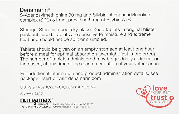 Nutramax Denamarin for Small Dogs and Cats, Liver Health Supplement with S-adenosylmethionine (SAMe) plus Silybin, Liver Support for Dogs and Cats, Coated Tablets, 30 Count