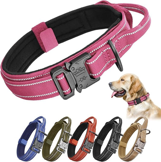 KCUCOP Tactical Dog Collar for Medium & Large Dogs - Military Nylon Heavy Duty Collar with Handle, Reflective Strip & Metal Buckle for Training, Outdoor (Pink Reflective, Large)