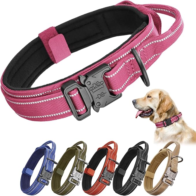 KCUCOP Tactical Dog Collar for Medium & Large Dogs - Military Nylon Heavy Duty Collar with Handle, Reflective Strip & Metal Buckle for Training (Pink Reflective, XL)
