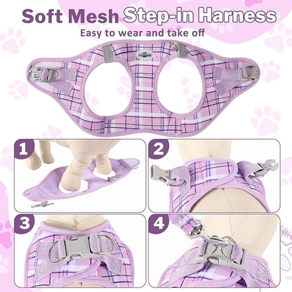 Gyuzh Dog Harness and Leash Set, 3-in-1 Step in No Pull Harness Vest Collar for Small Dogs & Cats, Lightweight Breathable Mesh Reflective Plaid with Padded Handle (Purple, L)