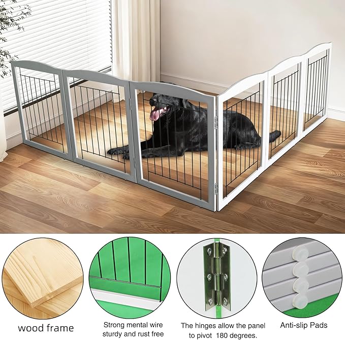 ZJSF Freestanding Foldable Dog Gate for House Extra Wide Wooden Grey Puppy Gate Stairs Dog Gates Doorways Tall Pet Gate 6 Panels Pet Fence