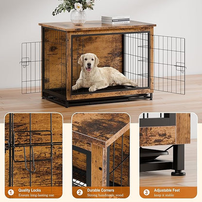 Vongrasig Dog Crate Furniture, Side End Table, Modern Wooden Kennel for Dogs Indoor, Heavy-Duty Dog Cage with Multi-Purpose Removable Tray, Double-Door Dog House, Rustic Brown