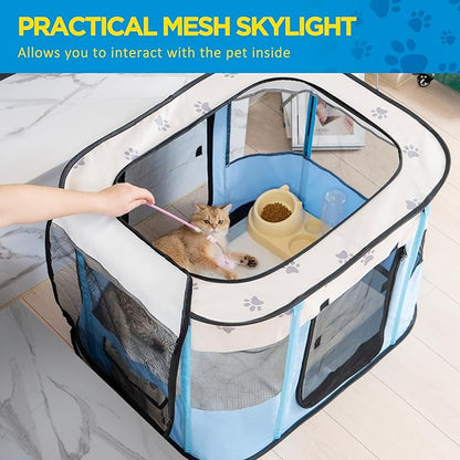 Avont Portable Dog Cat Playpen, Foldable Pop Up Pet Play Pen Travel Crate with Floor and Mesh Door Top for Indoor Outdoor Collapsible Tent Cage -M, Blue