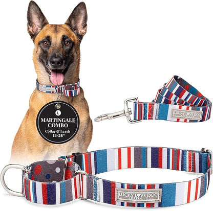 Lucky Love Dog Martingale Dog Collar & Leash - Adjustable, No-Slip, Durable, Comfortable, Soft Webbing, & Stylish Patterned Collar & Leash Set for Male and Female Dogs - Linus Combo, Large