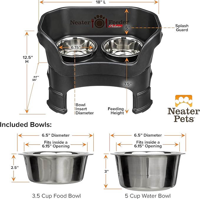 Neater Feeder Deluxe Mess-Proof Elevated Dog Bowls for Medium Dogs (19–40 lbs), 2 Height Adjustable (10” & 12.5”) No-Spill Raised Dog Bowl Stand, Stainless Steel Food Bowl Set, Made in USA, Black