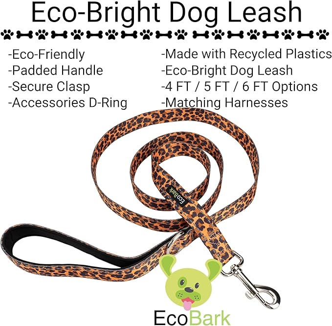 EcoBark Dog Leash - Soft & Reflective Comfort Leashes with Padded Handle - Safe, Strong, & Durable for Small, Medium or Large Dogs (Cheetah)
