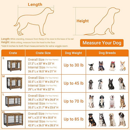 Lulive Small Dog Crate Furniture, Dog Kennel Indoor Double Doors Wooden Dog Cage, 27.1'' Heavy Duty Dog Crate with Cushion & Wheels, Decorative End Table Pet House Chew-Resistant for Small Dogs, Grey