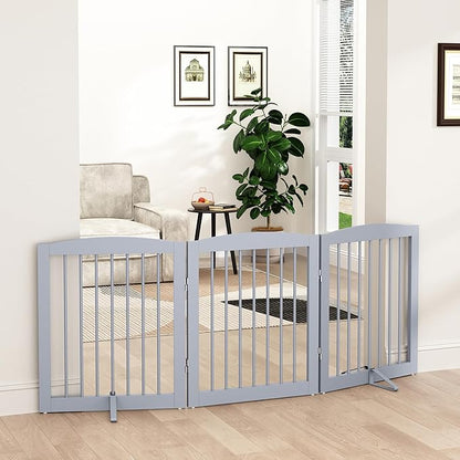 PUPETPO Freestanding Pet Gate for Dogs, Foldable Wooden Dog Gate for House, Indoor Dog Gate for Doorways, Stairs, Gates for Dogs Indoor, Support Feet Included, 24" Height 3 Panels, Grey