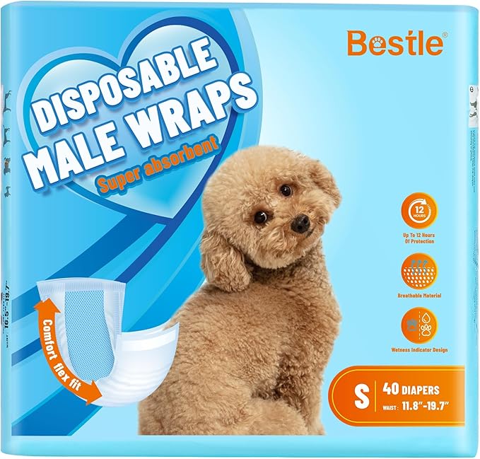 Bestle Male Dog Wrap, Disposable Dog Diapers, 40 Count, S (Waist 16.5”-19.7”), Wetness Indicator, Ultra Protection, Leak Proof, Super Absorbent, Soft