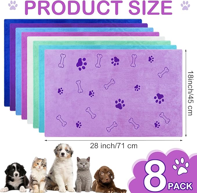 Chumia 8 Pcs Dog Towels for Drying Dogs Cats Pet Towels Bulk Puppy Microfiber Fast Drying Paw Bath Bathing Supplies Absorbent for Medium Pets(18 x 28 Inch,Dog Paw and Bone,Classic Color)