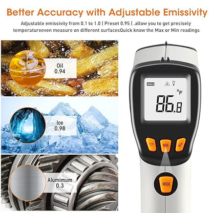 XRCLIF Infrared Thermometer Gun -581112, Laser Thermometer Temperature Gun with LCD Display, Ideal for Cooking, BBQ, Oven, Adjustable Emissivity