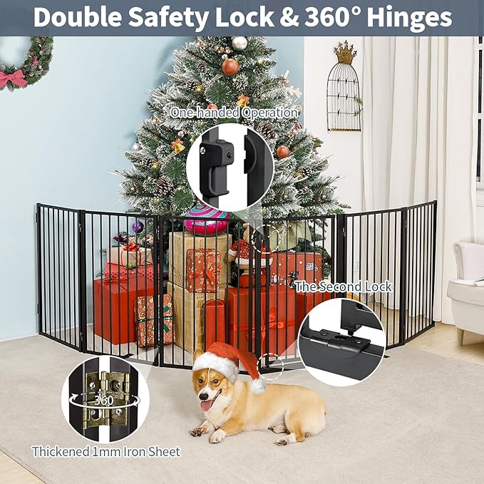 Metal Freestanding Dog Gates with Door for Outdoor Indoor,120'' Extra Wide 24'' Tall Free Standing Dog Gate for Doorways,Large Openings,Deck,Yard,Porch,Foldable Safety Pet Fence(Black,6 Panels)