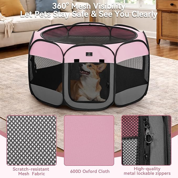 Dog Playpen for Small Dogs & Puppies, 40.55" Portable Indoor Outdoor Puppy Playpen with Bowl, Waterproof Floor, Foldable Pop-Up Pet Pen for Home, Travel & Daily Use, Pink+Grey