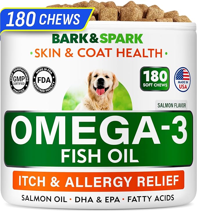 BARK&SPARK Omega 3 for Dogs and Cats-180 Fish Oil Treats for Dogs & Cats Shedding, Skin Allergy, Itch Relief, Hot Spots Treatment-Joint Health-Skin and Coat Supplement-EPA & DHA Fatty Acids-Salmon Oil