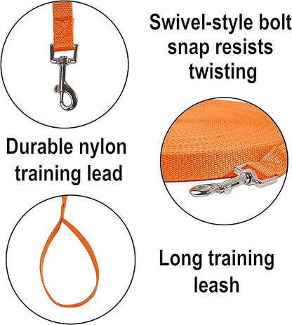 Hi Kiss Dog/Puppy Obedience Recall Agility Lead - 15ft 20ft 30ft 50ft 100ft Leash - Great for Training, Play, Camping, or Backyard - Orange 20ft
