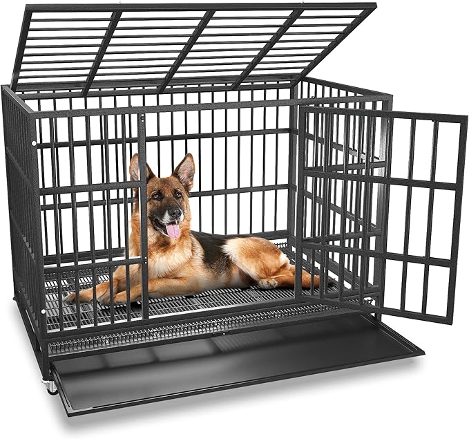 BOLDBONE 42 inch Heavy Duty Indestructible and Escape-Proof Dog Crate Cage Kennel for Large Dogs, High Anxiety Dog Crate with Removable Wire Trays and Wheels, Extra Large XL XXL, Black