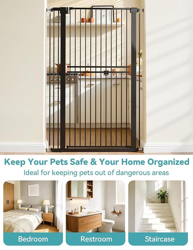 No Pawblems 55" Extra Tall Pet Gate for Cat/Dog, 31.5-48" Wide Auto Close Tall Cat Gate with 25.6" Wide Walk-Thru Door Opening, 1.37" Ultra Narrow Spacing, NO Drilling Pressure Mounted, Black
