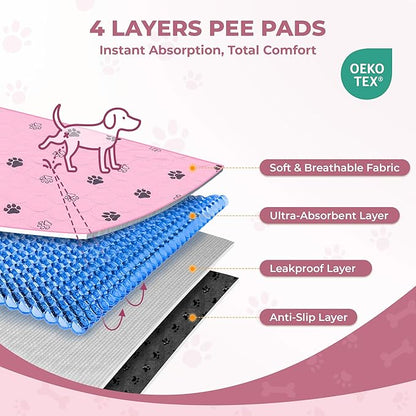 Fostanfly Washable Pee Pads for Dogs, 2 Pack Large 36"x41" Ultra-Absorbent and Leak-Proof Non-Slip Reusable Potty Training Pads for Dogs, Cats, Puppy, Potty of Add 8 Lanyards, Pink