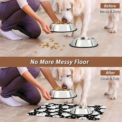 Halloween Pet Feeding Mat,Ghosts Absorbent Quick-Dry Cat Dog Food and Water Bowl Mats,Non-Slip Rubber Backing Mat,Cat Dog Accessories Supplies 12"x20"