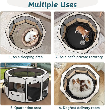PETSFIT Portable Dog Playpen,36" Dog Play Pen Indoors with Removable Waterproof Mat & Zippered Roof | RV, Camping, Travel Dog Pen | Whelping & Cat Observation Space(36" L x 36" W x 21" H)