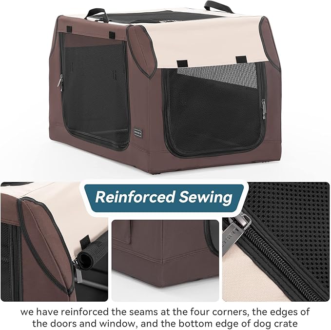 PETSFIT Soft Sided Dog Crate, Portable Dog Crate- 30 Inch Sturdy Adjustable Structure, Easy to Set Up, Collapsible Dog Car Crate, Light Tough with 3 Mesh Doors Brown
