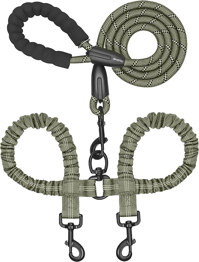iYoShop Dual Dog Leash - 360° Swivel, No Tangle Walking Leash with Shock Absorbing Bungee for Two Dogs (Medium, 8-35 lbs, Military Green)