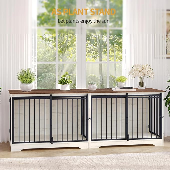 Hzuaneri 78" Dog Crate Furniture for 2 Dogs, Double Dog Cage with Divider, Wooden Heavy Duty Dogs Kennel, Pet Cage with Barn Door, TV Stand for Large Small Medium Dogs, White Brown DFC83714BV1