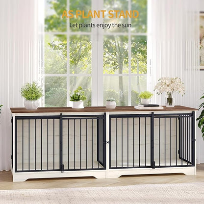 Hzuaneri 78" Dog Crate Furniture for 2 Dogs, Double Dog Cage with Divider, Wooden Heavy Duty Dogs Kennel, Pet Cage with Barn Door, TV Stand for Large Small Medium Dogs, White Brown DFC83714BV1