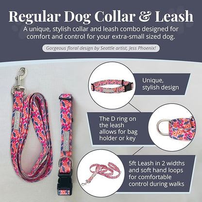 Lucky Love Dog - Easy Click Buckle Dog Collar with Leash Set Combo, Durable & Comfortable for Male & Female Dogs, Pet Collar for Small Dogs, Secure Fit - Floral Rosie Combo, X-Small