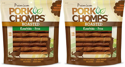 Pork Chomps Dog Chews, Roasted Pork Skin, 6-inch Twists | 15 Count | Pack of 2