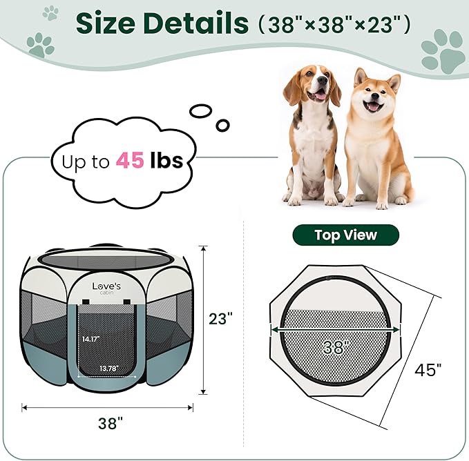 Love's cabin Pet Puppy Dog Playpen, Large Dog Tent Crates Cage Indoor/Outdoor, Portable Playpen for Cat, Foldable Pop Up Dog Kennel Playpen with Carring Case, Removable Zipper Top, Moss Green