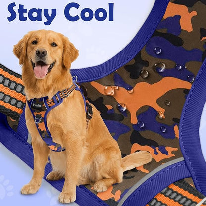 Funfox Dog Harness No Pull, Adjustable Pet Vest Harness, Super Soft Material with Vertical Handle Easy Control, Reflective Night Walking, 2 Leash Clips for XLarge Dogs, Camo Orange, XL