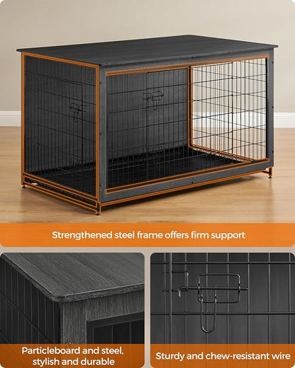 Feandrea 56.1" Dog Crate Furniture, Indoor Dog Cage Side End Table, XXL Pet Wood Kennel for Large and Medium Dogs up to 105 lb with Multi-Purpose Removable Tray, Double-Door Pet House, Ink Black