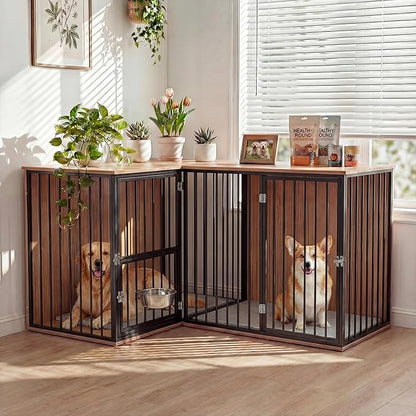 Dog Crate Furniture for 2 Dogs, Corner Heavy Duty Double Dog Kennel Furniture with Divider, Indoor Wooden Dogs Crate Large Breed (Black)