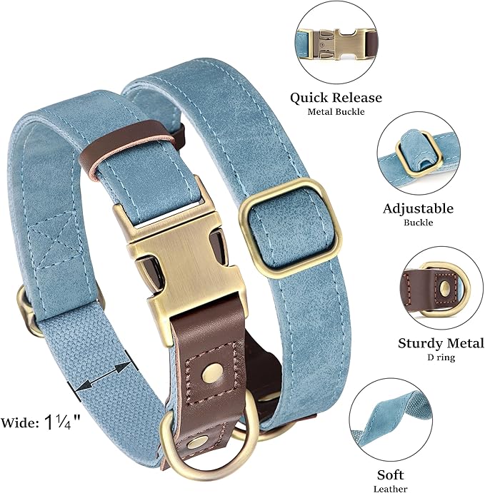 Didog Soft PU Leather Dog Collar for Large Dogs,Classic Adjustable Wide Dog Collars with Quick Release Metal Buckle,Easy Clean and Comfortable with Nylon Lining,Denim Blue,XL Neck 20-27", Width 1¼"