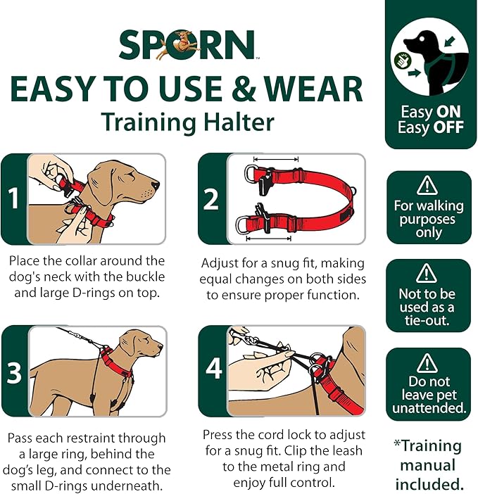 Sporn Original Dog Halter, No Pull Dog Harness, Durable Nylon Collar with Padded Restraint Sleeves for Small Breeds, No Choke Design, Adjustable Fit, Easy On/Off, Black, Small