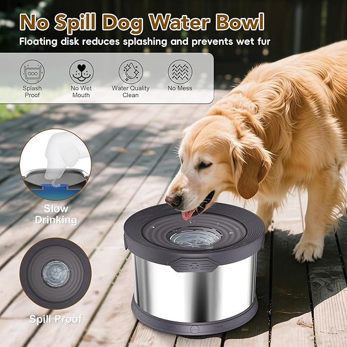 UPSKY Dog Water Bowl No Spill 12L Stainless Steel, 3.17 Gallon Large Capacity Spill-Proof Dog Bowls, Non-Slip Slow Drinking Anti-Splash Bowl for Large Messy Drinkers, No Mess Indoor/Outdoor Use, Gray