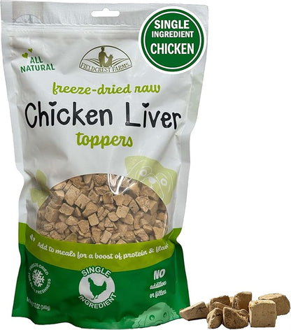 Fieldcrest Farms Freeze-Dried Chicken Liver Dog Food Topper or Treat, 100% Single Ingredient Chicken Liver, High-Protein, Raw & Grain-Free, 12 oz