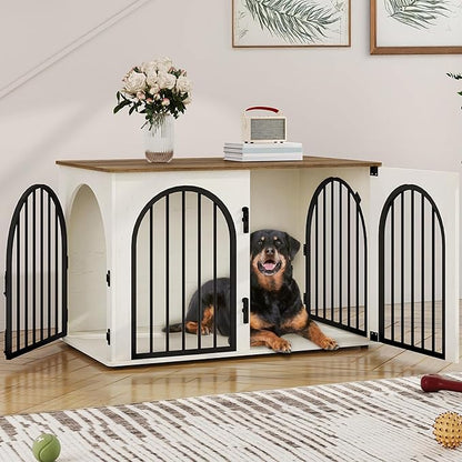 39.4" Wooden Dog Crate Furniture, Indoor Dog Kennel Dogs Cage for Small/Medium/Large Dogs, Heavy Duty Dog Crates Decorative Pet House End Side Table TV Stand, White Brown DFC84114B