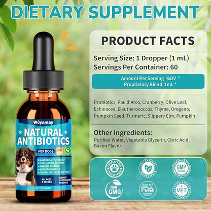 Woyamay Antibiotics for Dogs | Natural Dog Antibiotics for Allergy Relief, Itch Relief, Coughs, Skin Health, Breath Treatment, Digestion | Herbal Supplement to Care for Ears, Eyes & Coat, 2 Fl Oz