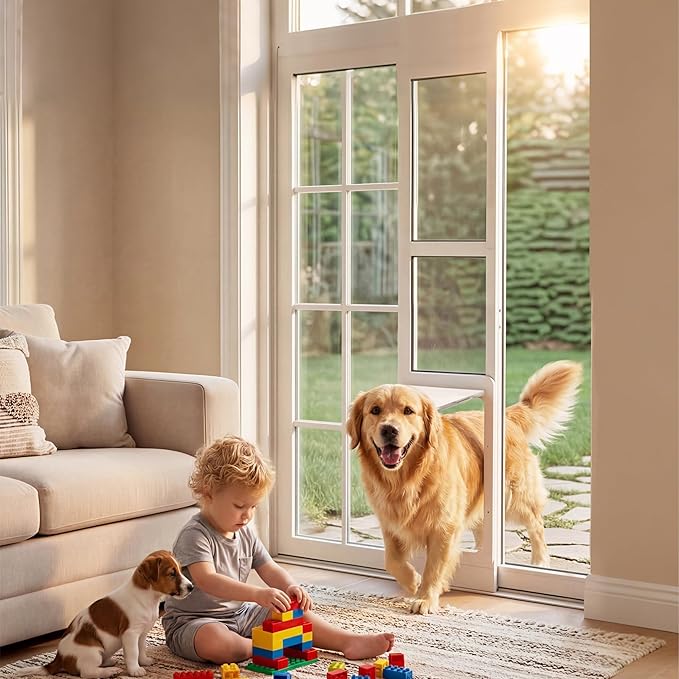 Homgava Large Dog Door for Sliding Glass Doors,No-Cut DIY Install Pet Door- Aluminum Frame& Panel & Lock, Adjustable Height 83”-91 1/5”, Suitable for Dogs Up to 105 lbs -White
