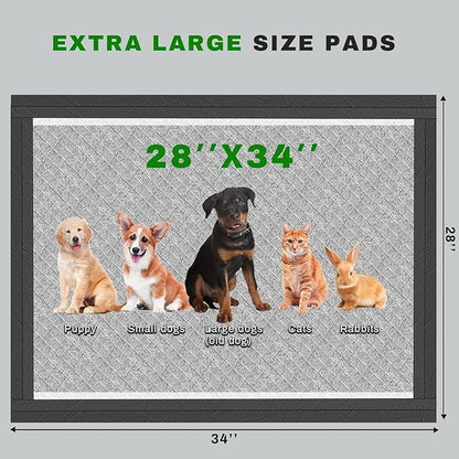 Charcoal Puppy Pads 28x34 Inches Extra Large Dog Pee Pads Odor-Control & Leak-Proof Disposable Pet Training Edge-Wrapping Thicken Potty Pad for Dogs, Cats, Rabbits (100 Pieces)
